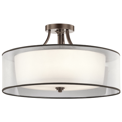 Kichler 42399MIZ Lacey 28" 5 Light Semi Flush with Satin Etched Cased Opal Inner Diffusers and Light Umber Translucent Organza Outer Shade in Mission Bronze in Mission Bronze